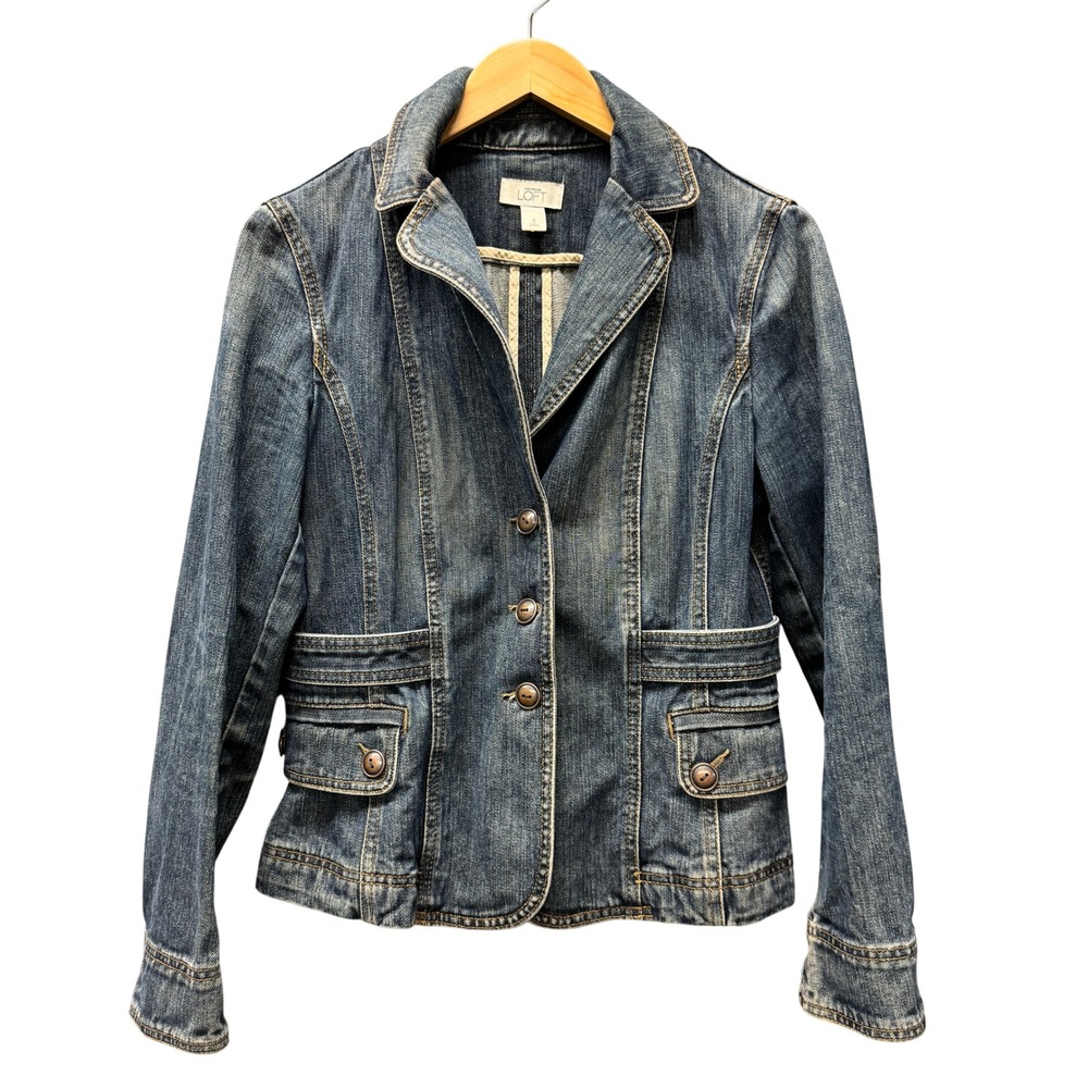 Ann Taylor LOFT‎ Denim Jacket Womens 6 Button Up Blue Blazer Faded Wash Classic